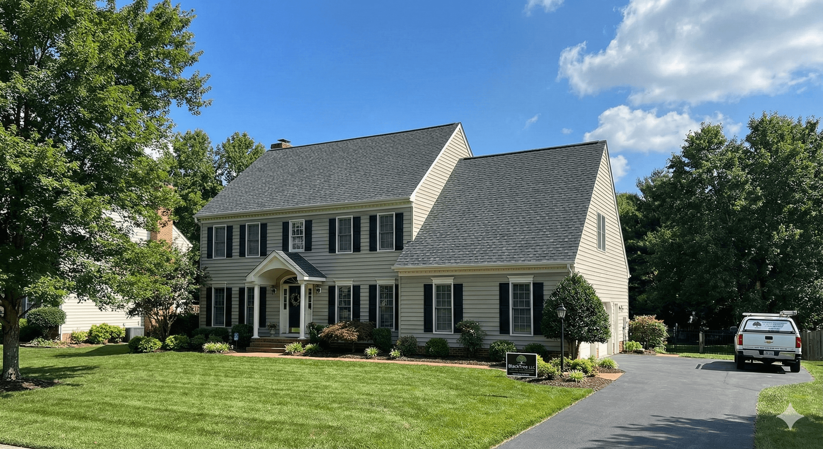Completed roof installation in Suffolk VA - beautiful GAF shingles on residential home